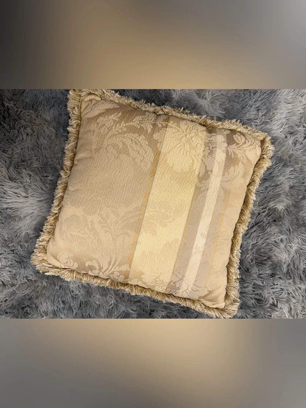 Elegant Ivory and Gold Damask Fringe Pillow